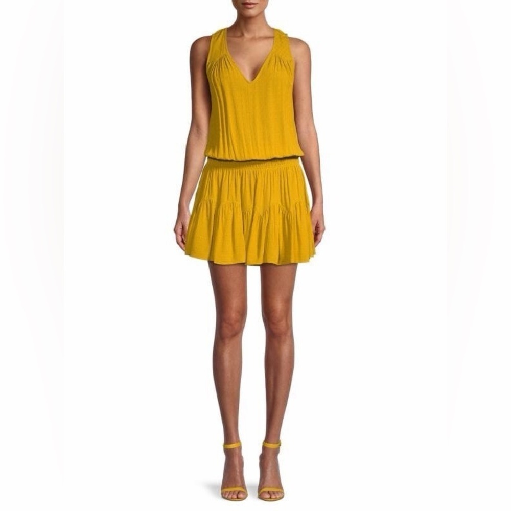 Ramy Brook Golden Yellow Textured Perry Mini Blouson Sleeveless Mini Dress
